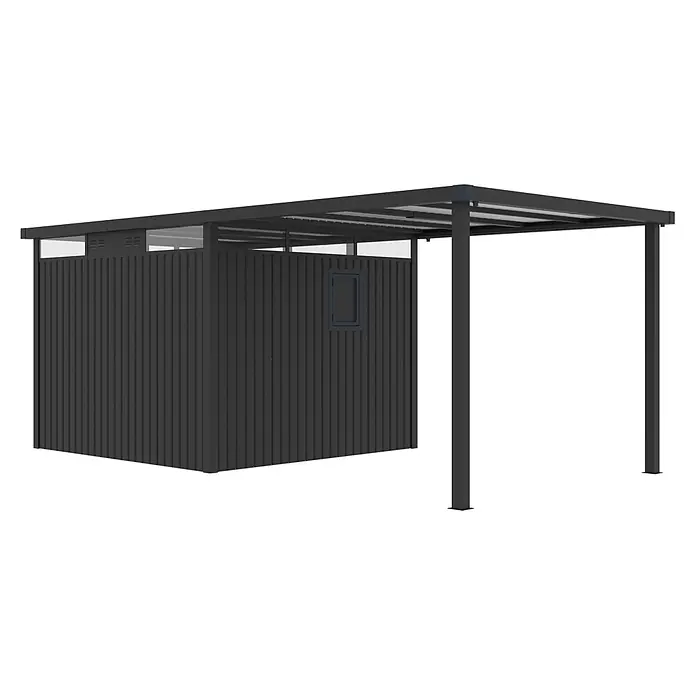 StarLine Metall Gerätehaus Style 7,56 m² Spar-Set-1 Anthrazit - Außenbreite inkl. Dachüberstand: 560 cm, Außentiefe inkl. Dachüberstand: 294 cm, Metall, Anthrazit - Dunkelgraues Gartenhaus mit gerippten Wänden und integriertem Carport, mit transparenten Dachpaneelen und kleinem Fenster.