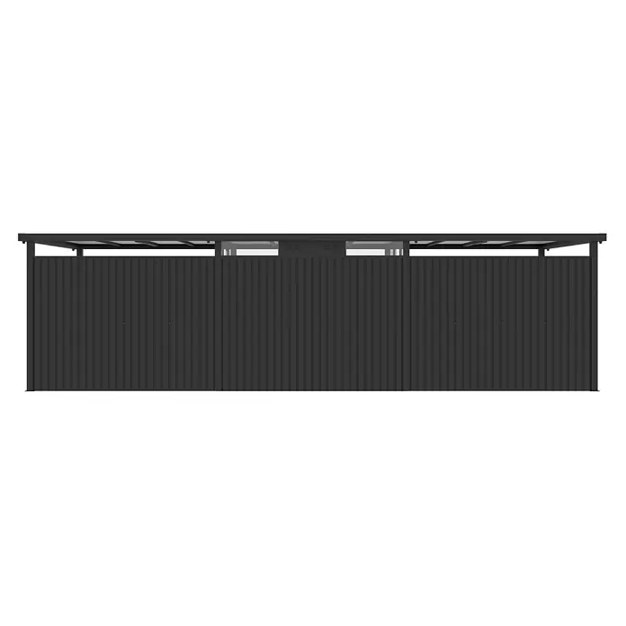 StarLine Metall Gerätehaus Style 7,56 m² Spar-Set-4 Anthrazit - Außenbreite inkl. Dachüberstand: 826 cm, Außentiefe inkl. Dachüberstand: 294 cm, Metall, Anthrazit - Dunkelgraue Outdoor-Sichtschutzwand mit vertikalen Paneelen, Flachdach und Belüftung oben.