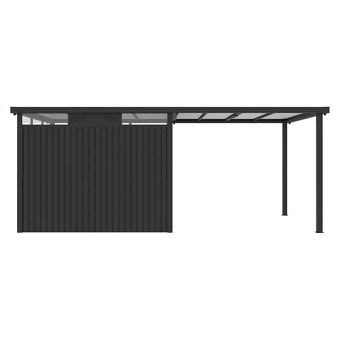StarLine Metall Gerätehaus Style 7,56 m² Spar-Set-1 Anthrazit - Außenbreite inkl. Dachüberstand: 560 cm, Außentiefe inkl. Dachüberstand: 294 cm, Metall, Anthrazit - Dunkelgrauer Metallschuppen mit integriertem Carport und durchscheinendem Dach.