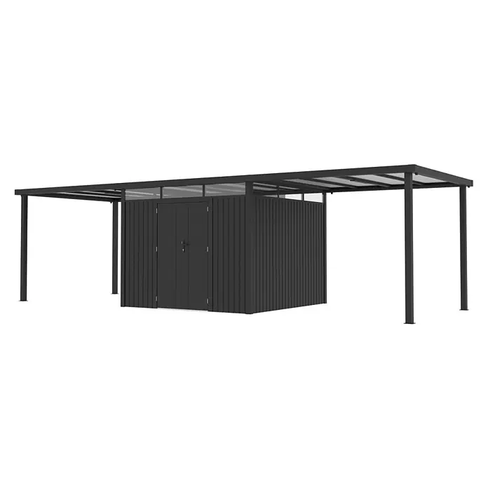 StarLine Metall Gerätehaus Style 7,56 m² Spar-Set-3 Anthrazit - Außenbreite inkl. Dachüberstand: 826 cm, Außentiefe inkl. Dachüberstand: 294 cm, Metall, Anthrazit - Schwarzer Metallschuppen mit integriertem Vordach für Lagerung und Schutz im Freien.
