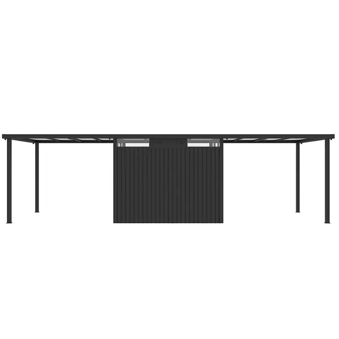StarLine Metall Gerätehaus Style 7,56 m² Spar-Set-3 Anthrazit - Außenbreite inkl. Dachüberstand: 826 cm, Außentiefe inkl. Dachüberstand: 294 cm, Metall, Anthrazit - Schwarzes Metall-Carport/Pergola mit integriertem Geräteschuppen in der Mitte.