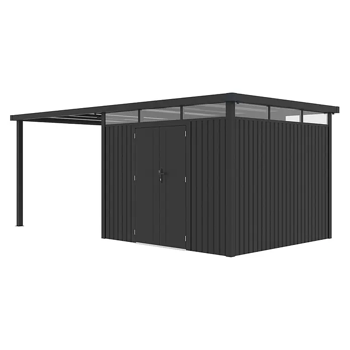 StarLine Metall Gerätehaus Style 7,56 m² Spar-Set-1 Anthrazit - Außenbreite inkl. Dachüberstand: 560 cm, Außentiefe inkl. Dachüberstand: 294 cm, Metall, Anthrazit - Dunkelgrauer Wellblech-Gartenschuppen mit transparenten Dachplatten und integriertem Vordach.