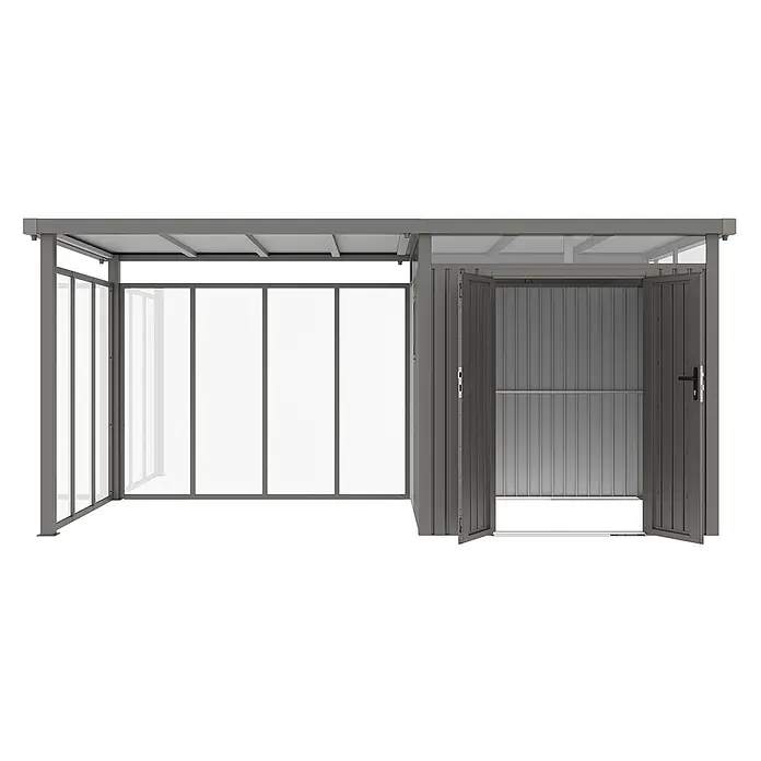 StarLine Metall Gerätehaus Style 4,45 m² Spar-Set 5 Alu Grau - Außenbreite inkl. Dachüberstand: 496 cm, Außentiefe inkl. Dachüberstand: 230 cm, Metall, Aluminium Grau (RAL 9007) - Graues Metall-Gerätehaus mit angebautem Unterstand/Carport. Das Gerätehaus hat offene Türen und geriffelte Innenwände, der Unterstand transparente Platten.