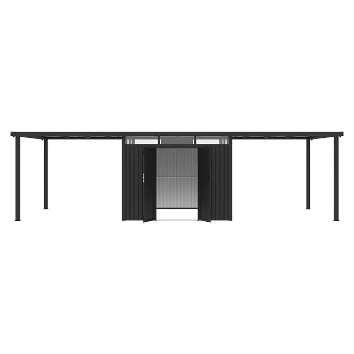 StarLine Metall Gerätehaus Style 7,56 m² Spar-Set-3 Anthrazit - Außenbreite inkl. Dachüberstand: 826 cm, Außentiefe inkl. Dachüberstand: 294 cm, Metall, Anthrazit - Schwarzer Metallgeräteschuppen mit offenen Türen und integrierter Seitenüberdachung.