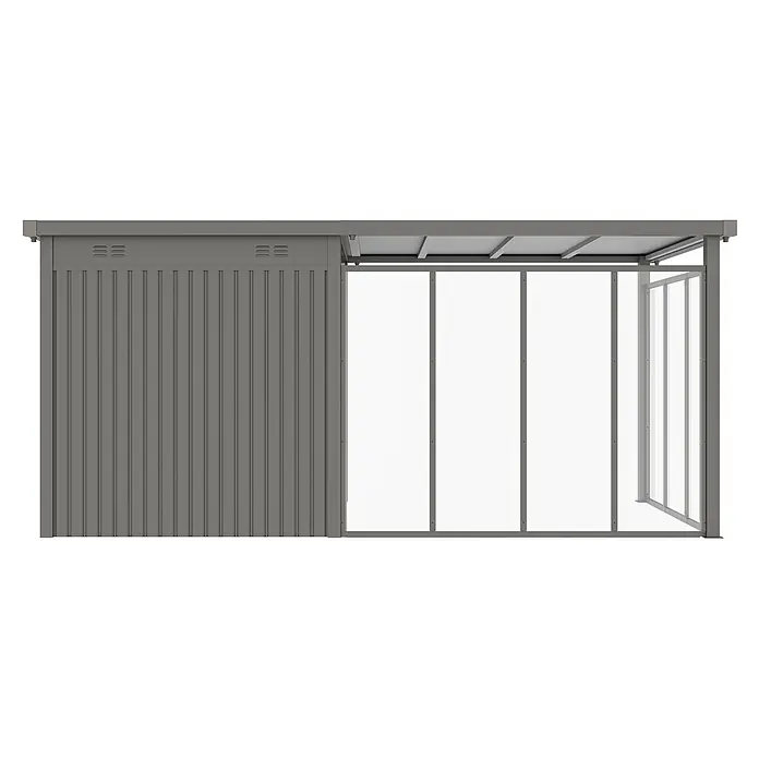 StarLine Metall Gerätehaus Style 4,45 m² Spar-Set 5 Alu Grau - Außenbreite inkl. Dachüberstand: 496 cm, Außentiefe inkl. Dachüberstand: 230 cm, Metall, Aluminium Grau (RAL 9007) - Graues Wellblech- und Klarsichtplatten-Geräteschutz mit offener Seite.