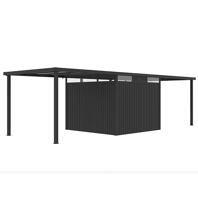 StarLine Metall Gerätehaus Style 7,56 m² Spar-Set-3 Anthrazit - Außenbreite inkl. Dachüberstand: 826 cm, Außentiefe inkl. Dachüberstand: 294 cm, Metall, Anthrazit - Dunkelgraues Metall-Carport mit integriertem Geräteschuppen.