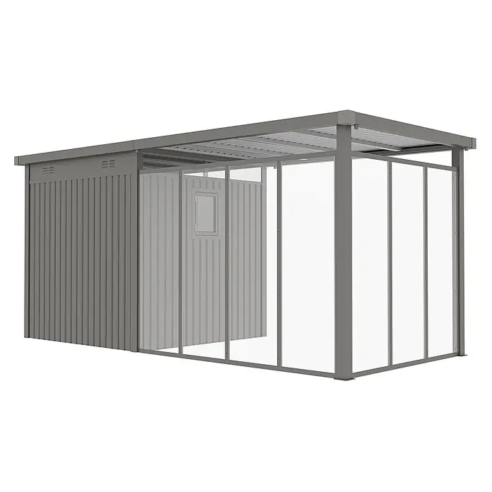 StarLine Metall Gerätehaus Style 4,45 m² Spar-Set 5 Alu Grau - Außenbreite inkl. Dachüberstand: 496 cm, Außentiefe inkl. Dachüberstand: 230 cm, Metall, Aluminium Grau (RAL 9007) - Graues Metallschuppen mit integriertem Carport aus lichtdurchlässigen Platten. Bietet Stauraum und Unterstand im Freien.
