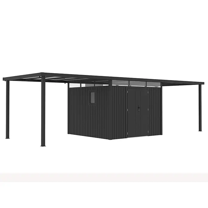 StarLine Metall Gerätehaus Style 7,56 m² Spar-Set-3 Anthrazit - Außenbreite inkl. Dachüberstand: 826 cm, Außentiefe inkl. Dachüberstand: 294 cm, Metall, Anthrazit - Dunkelgrauer Metallgeräteschuppen mit integriertem Carport, Fenster und Doppeltüren.