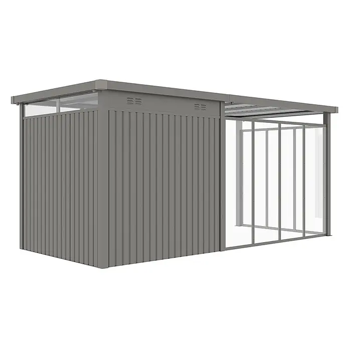 StarLine Metall Gerätehaus Style 4,45 m² Spar-Set 5 Alu Grau - Außenbreite inkl. Dachüberstand: 496 cm, Außentiefe inkl. Dachüberstand: 230 cm, Metall, Aluminium Grau (RAL 9007) - Grauer Metallschuppen mit Wellblechwänden, lichtdurchlässigen Oberfenstern und offenem Metallrahmenbereich, geeignet für Lagerung oder Fahrräder.