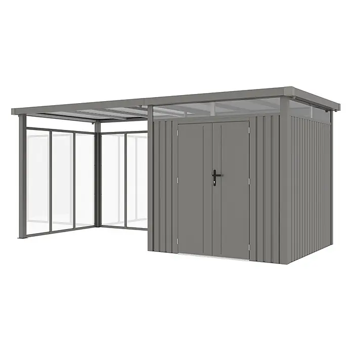 StarLine Metall Gerätehaus Style 4,45 m² Spar-Set 5 Alu Grau - Außenbreite inkl. Dachüberstand: 496 cm, Außentiefe inkl. Dachüberstand: 230 cm, Metall, Aluminium Grau (RAL 9007) - Grauer Metallschuppen mit geriffelten Paneelen und angeschlossenem offenem Unterstand mit lichtdurchlässigem Dach und Seitenwänden.