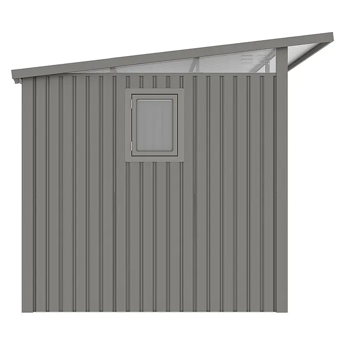 StarLine Metall Gerätehaus Skylight 5,80 m² Alu Grau - Außenbreite inkl. Dachüberstand: 289 cm, Außentiefe inkl. Dachüberstand: 253 cm, Metall, Aluminium Grau (RAL 9007) - Graue Metallschuppenwand mit vertikalen Paneelen, einem kleinen Fenster und einem durchsichtigen Schrägdach.