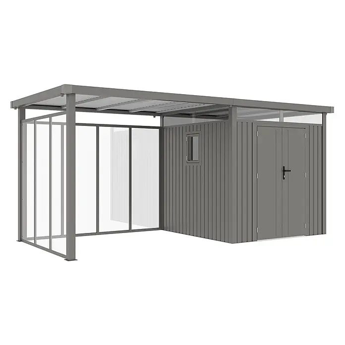 StarLine Metall Gerätehaus Style 4,45 m² Spar-Set 5 Alu Grau - Außenbreite inkl. Dachüberstand: 496 cm, Außentiefe inkl. Dachüberstand: 230 cm, Metall, Aluminium Grau (RAL 9007) - Grauer Metall-Geräteschuppen und offener Unterstand mit transparenten Paneelen und Wellplattendach.