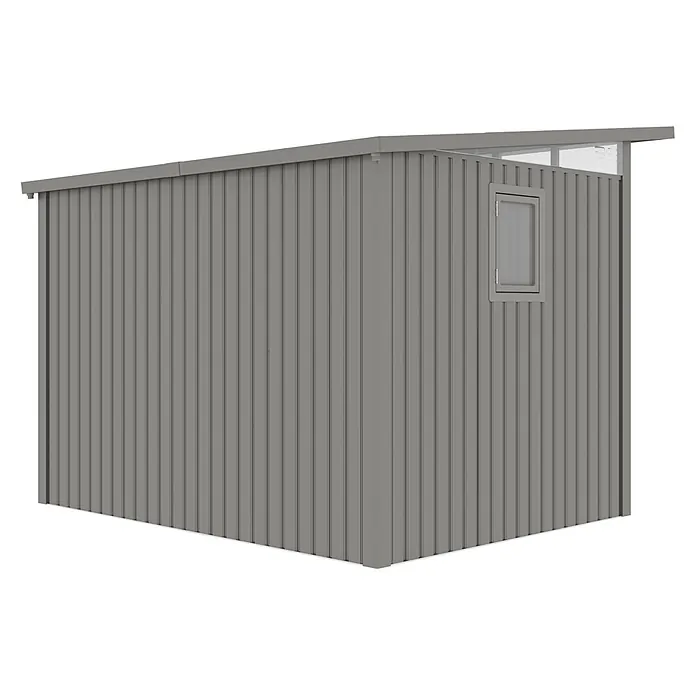 StarLine Metall Gerätehaus Skylight 5,80 m² Alu Grau - Außenbreite inkl. Dachüberstand: 289 cm, Außentiefe inkl. Dachüberstand: 253 cm, Metall, Aluminium Grau (RAL 9007) - Grauer Geräteschuppen mit vertikaler Verkleidung und einem Fenster, mit modernem Flachdach.