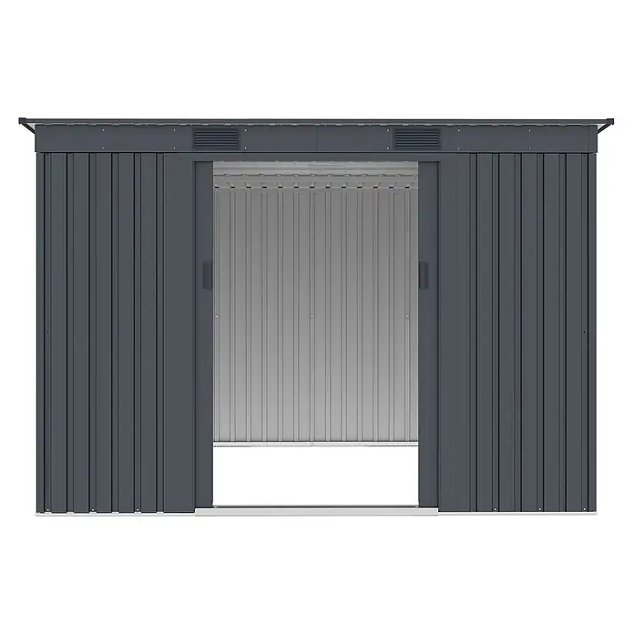 StarLine Metall Gerätehaus Pento 6,29 m² - Außenbreite inkl. Dachüberstand: 261 cm, Außentiefe inkl. Dachüberstand: 241 cm, Metall, Anthrazit - Dunkelgrauer Metall-Gartenschuppen mit Flachdach und teilweise geöffneten Doppelschiebetüren, die einen hellgrauen Innenraum und Lüftungsschlitze zeigen.