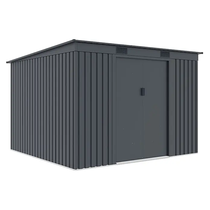 StarLine Metall Gerätehaus Pento 6,29 m² - Außenbreite inkl. Dachüberstand: 261 cm, Außentiefe inkl. Dachüberstand: 241 cm, Metall, Anthrazit - Dunkelgrauer Metall-Gartenschuppen mit Doppeltüren und Flachdach.