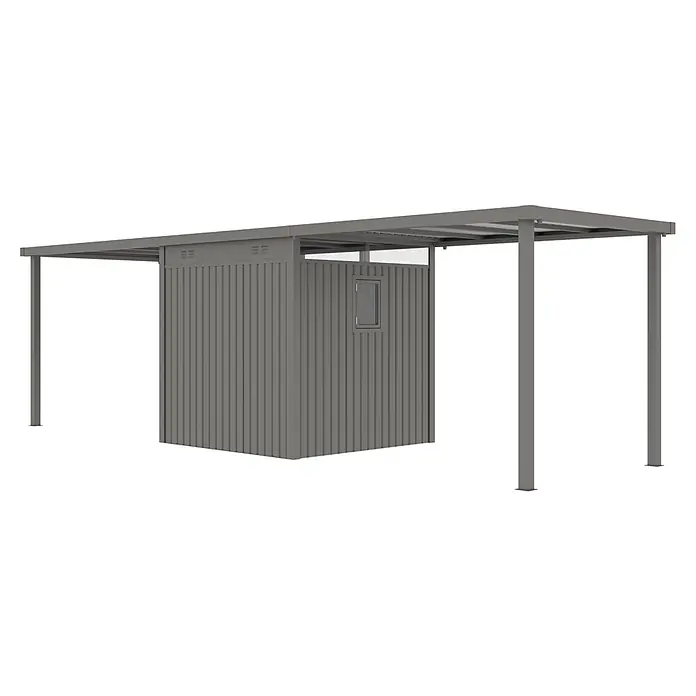 StarLine Metall Gerätehaus Style 4,45 m² Spar-Set 3 Alu Grau - Außenbreite inkl. Dachüberstand: 762 cm, Außentiefe inkl. Dachüberstand: 230 cm, Metall, Aluminium Grau (RAL 9007) - Grauer Metall-Unterstand mit integrierter Sicherheitskabine und kleinem Fenster.