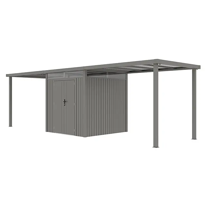 StarLine Metall Gerätehaus Style 4,45 m² Spar-Set 3 Alu Grau - Außenbreite inkl. Dachüberstand: 762 cm, Außentiefe inkl. Dachüberstand: 230 cm, Metall, Aluminium Grau (RAL 9007) - Grauer Metallschuppen mit angebautem Vordach.