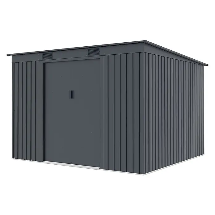 StarLine Metall Gerätehaus Pento 6,29 m² - Außenbreite inkl. Dachüberstand: 261 cm, Außentiefe inkl. Dachüberstand: 241 cm, Metall, Anthrazit - Dunkelgrauer Geräteschuppen aus Metall mit Wellblechwänden und Schiebetür.