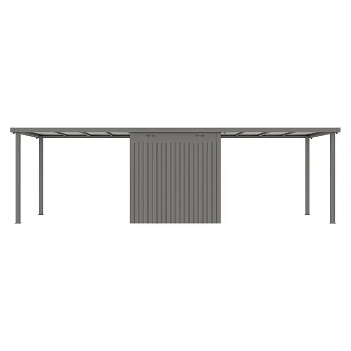 StarLine Metall Gerätehaus Style 4,45 m² Spar-Set 3 Alu Grau - Außenbreite inkl. Dachüberstand: 762 cm, Außentiefe inkl. Dachüberstand: 230 cm, Metall, Aluminium Grau (RAL 9007) - Graue Metallpergola mit zentraler gerippter Trennwand und belüfteter Platte.