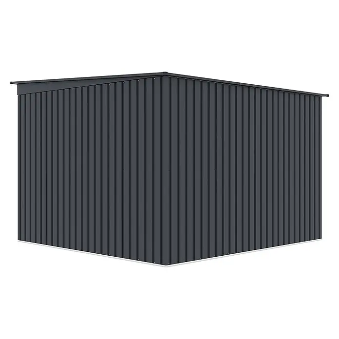 StarLine Metall Gerätehaus Pento 6,29 m² - Außenbreite inkl. Dachüberstand: 261 cm, Außentiefe inkl. Dachüberstand: 241 cm, Metall, Anthrazit - Dunkelgrauer Geräteschuppen aus Wellblech mit schrägem Dach und weißem Sockel.