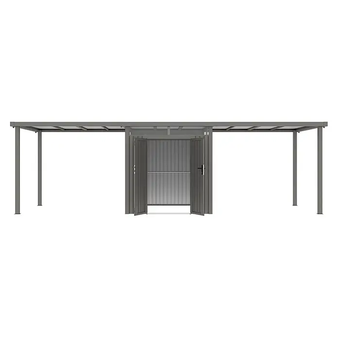 StarLine Metall Gerätehaus Style 4,45 m² Spar-Set 3 Alu Grau - Außenbreite inkl. Dachüberstand: 762 cm, Außentiefe inkl. Dachüberstand: 230 cm, Metall, Aluminium Grau (RAL 9007) - Graues Metall-Carport mit integriertem Geräteschuppen und geöffneten Türen.