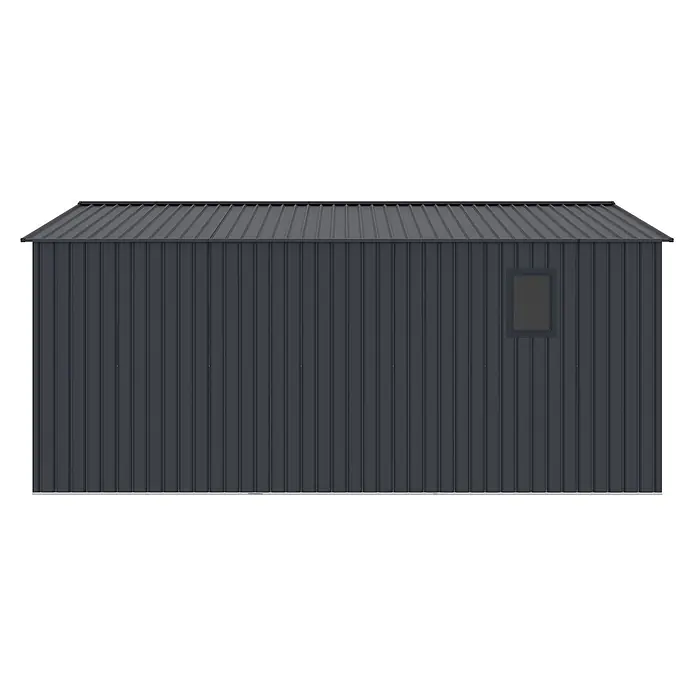 StarLine Metall Gerätehaus München 14,39 m² - Außenbreite inkl. Dachüberstand: 341 cm, Außentiefe inkl. Dachüberstand: 450 cm, Metall, Anthrazit - Dunkelgrauer Wellblechschuppen mit Pultdach und kleinem Fenster.