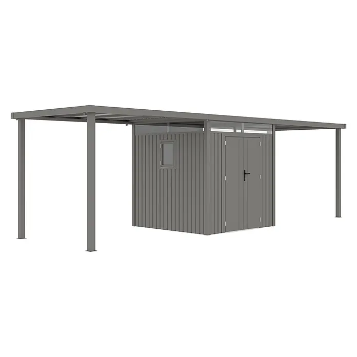 StarLine Metall Gerätehaus Style 4,45 m² Spar-Set 3 Alu Grau - Außenbreite inkl. Dachüberstand: 762 cm, Außentiefe inkl. Dachüberstand: 230 cm, Metall, Aluminium Grau (RAL 9007) - Grauer Metallschuppen mit Tür und Fenster, unter einer grauen Metallpergola integriert.