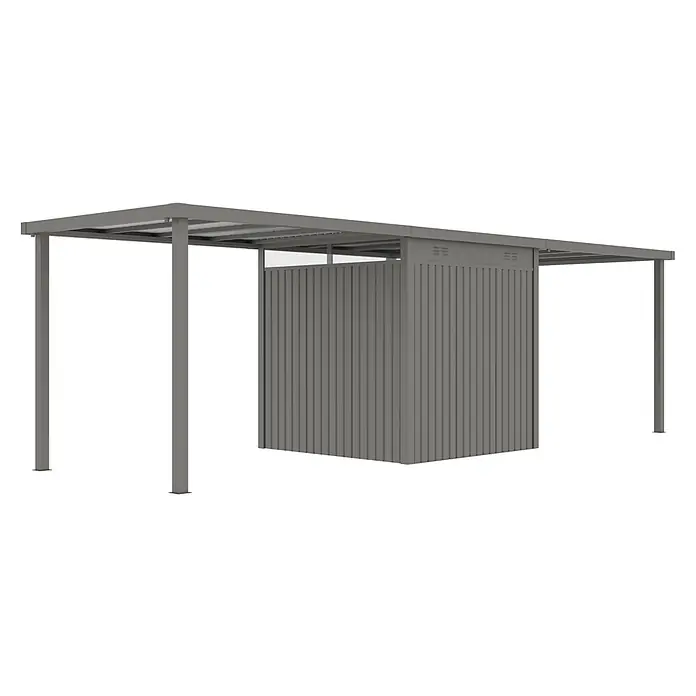 StarLine Metall Gerätehaus Style 4,45 m² Spar-Set 3 Alu Grau - Außenbreite inkl. Dachüberstand: 762 cm, Außentiefe inkl. Dachüberstand: 230 cm, Metall, Aluminium Grau (RAL 9007) - Grauer Metallunterstand mit Wellblechdach und integriertem Sichtschutz.