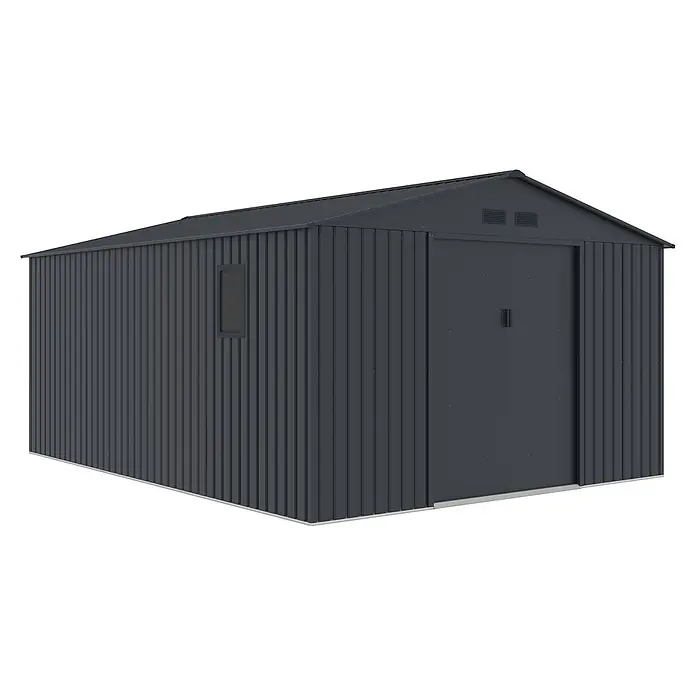 StarLine Metall Gerätehaus München 14,39 m² - Außenbreite inkl. Dachüberstand: 341 cm, Außentiefe inkl. Dachüberstand: 450 cm, Metall, Anthrazit - Dunkelgrauer Metall-Gartenlagerhaus mit Wellblechwänden und -dach, einer Einzeltür und kleinem Fenster.