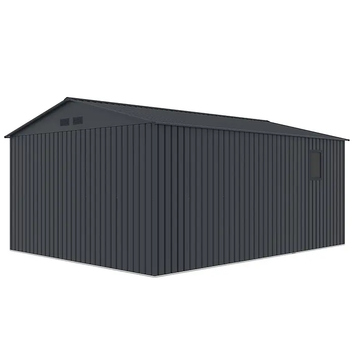StarLine Metall Gerätehaus München 14,39 m² - Außenbreite inkl. Dachüberstand: 341 cm, Außentiefe inkl. Dachüberstand: 450 cm, Metall, Anthrazit - Anthrazitfarbener Metallschuppen mit Satteldach, Lüftungsschlitzen und einem Fenster.
