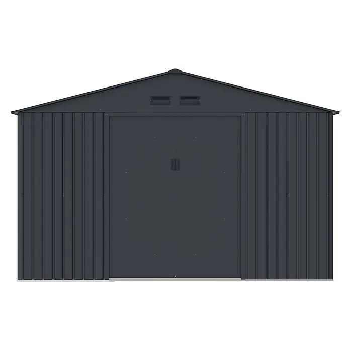 StarLine Metall Gerätehaus München 14,39 m² - Außenbreite inkl. Dachüberstand: 341 cm, Außentiefe inkl. Dachüberstand: 450 cm, Metall, Anthrazit - Dunkelgraues Metall-Gartenhaus mit Giebeldach, Doppeltüren und Lüftungsgittern.