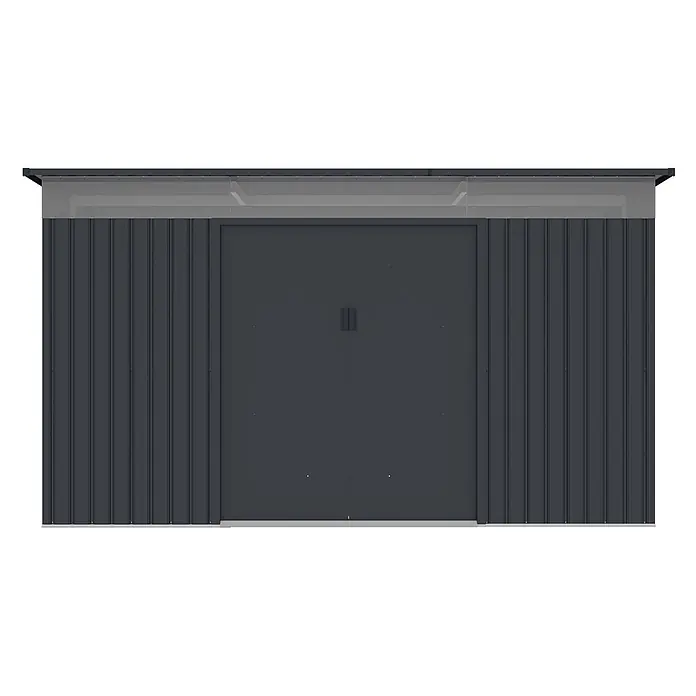StarLine Metall Gerätehaus Rheinfeld 10,20 m² - Außenbreite inkl. Dachüberstand: 343 cm, Außentiefe inkl. Dachüberstand: 334 cm, Metall, Anthratit RAL 7016 - Dunkelgrauer Metall-Gartenschuppen mit Doppeltüren und transparenter Dachplatte.