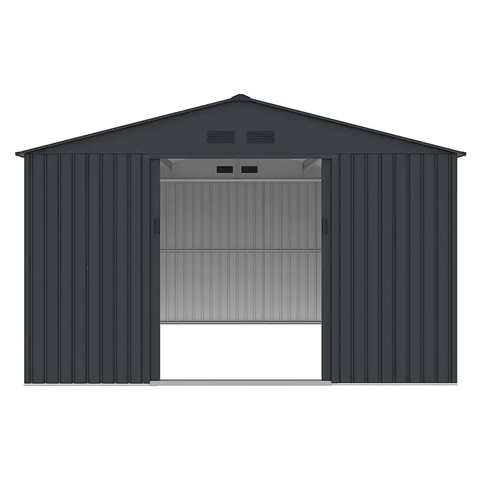 StarLine Metall Gerätehaus München 14,39 m² - Außenbreite inkl. Dachüberstand: 341 cm, Außentiefe inkl. Dachüberstand: 450 cm, Metall, Anthrazit - Dunkelgraues Metallgartenhaus mit offenen Doppelschiebetüren, das einen helleren Innenraum zeigt.