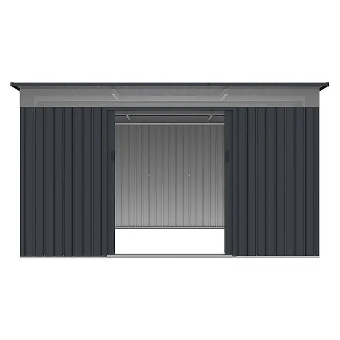 StarLine Metall Gerätehaus Rheinfeld 10,20 m² - Außenbreite inkl. Dachüberstand: 343 cm, Außentiefe inkl. Dachüberstand: 334 cm, Metall, Anthratit RAL 7016 - Dunkelgrauer Wellblechschuppen mit teilweise geöffneten Schiebetüren.