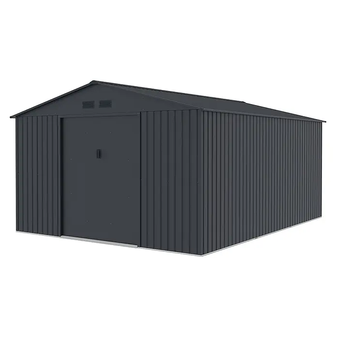 StarLine Metall Gerätehaus München 14,39 m² - Außenbreite inkl. Dachüberstand: 341 cm, Außentiefe inkl. Dachüberstand: 450 cm, Metall, Anthrazit - Dunkelgrauer Wellblech-Gartenschuppen mit Schiebetür und Satteldach.