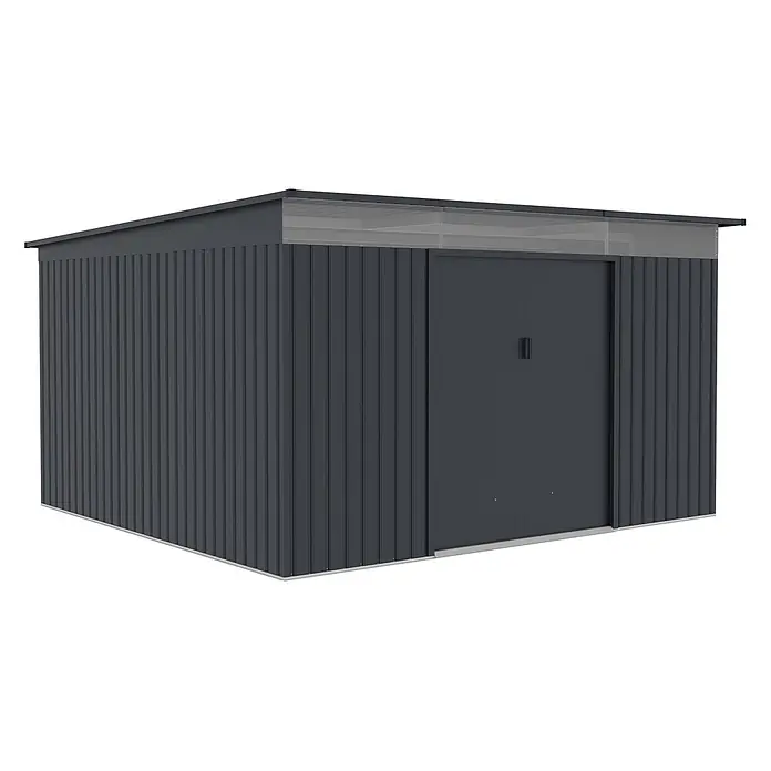 StarLine Metall Gerätehaus Rheinfeld 10,20 m² - Außenbreite inkl. Dachüberstand: 343 cm, Außentiefe inkl. Dachüberstand: 334 cm, Metall, Anthratit RAL 7016 - Dunkelgrauer Metallschuppen mit modernem Design und lichtdurchlässigem Dachbereich.