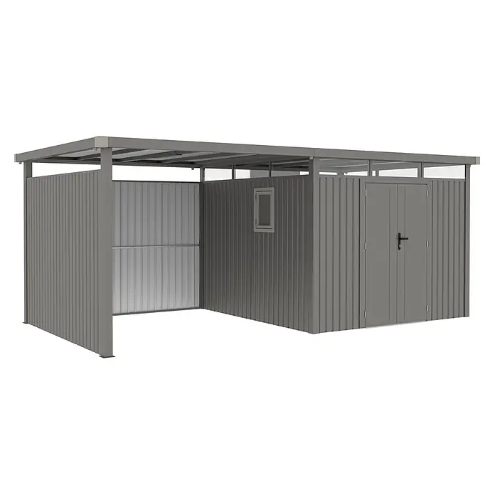 StarLine Metall Gerätehaus Style 7,56 m² Spar-Set-2 Alu Grau - Außenbreite inkl. Dachüberstand: 560 cm, Außentiefe inkl. Dachüberstand: 294 cm, Metall, Aluminium Grau (RAL 9007) - Grauer Wellblech-Geräteschuppen mit integriertem Carport.