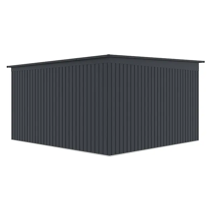 StarLine Metall Gerätehaus Rheinfeld 10,20 m² - Außenbreite inkl. Dachüberstand: 343 cm, Außentiefe inkl. Dachüberstand: 334 cm, Metall, Anthratit RAL 7016 - Dunkelgrauer Geräteschuppen aus geripptem Metall mit Flachdach.