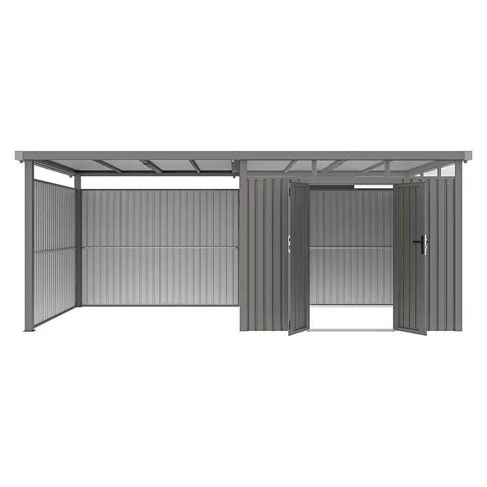 StarLine Metall Gerätehaus Style 7,56 m² Spar-Set-2 Alu Grau - Außenbreite inkl. Dachüberstand: 560 cm, Außentiefe inkl. Dachüberstand: 294 cm, Metall, Aluminium Grau (RAL 9007) - Grauer Metallschuppen oder Carport mit Wellblechwänden und offenen Doppeltüren. Bietet robusten Stauraum im Freien.