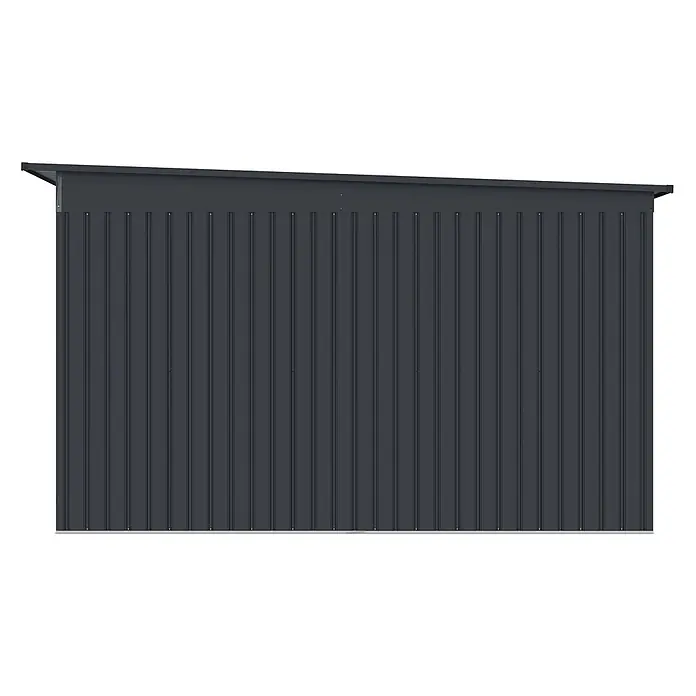 StarLine Metall Gerätehaus Rheinfeld 10,20 m² - Außenbreite inkl. Dachüberstand: 343 cm, Außentiefe inkl. Dachüberstand: 334 cm, Metall, Anthratit RAL 7016 - Dunkelgraue Wellblech-Geräteschuppenwand mit schrägem Dach.