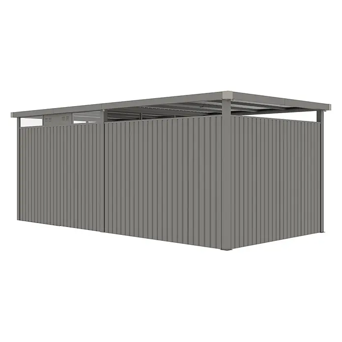 StarLine Metall Gerätehaus Style 7,56 m² Spar-Set-2 Alu Grau - Außenbreite inkl. Dachüberstand: 560 cm, Außentiefe inkl. Dachüberstand: 294 cm, Metall, Aluminium Grau (RAL 9007) - Graue Metall-Struktur mit Wellblechpaneelen, Flachdach und integrierter Belüftung.