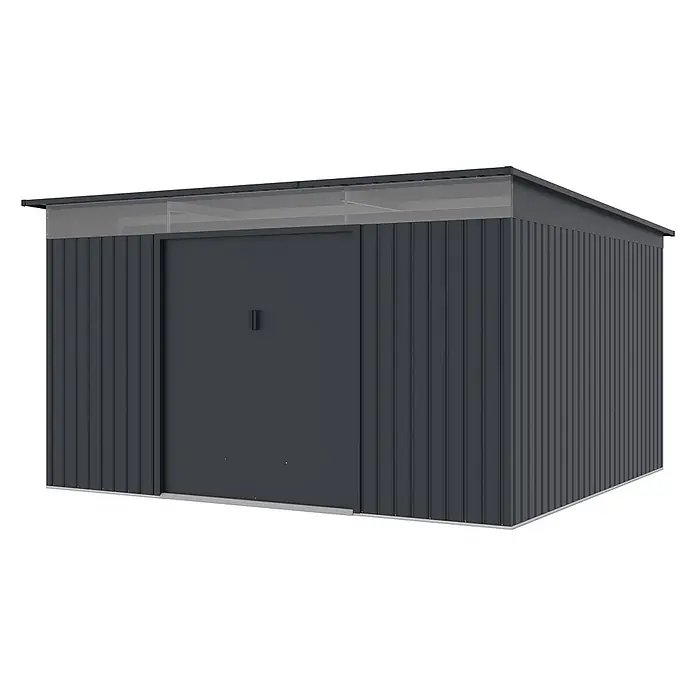 StarLine Metall Gerätehaus Rheinfeld 10,20 m² - Außenbreite inkl. Dachüberstand: 343 cm, Außentiefe inkl. Dachüberstand: 334 cm, Metall, Anthratit RAL 7016 - Dunkelgraues Metallgerätehaus mit Riffelwänden, Doppeltüren und transluzentem Pultdach.