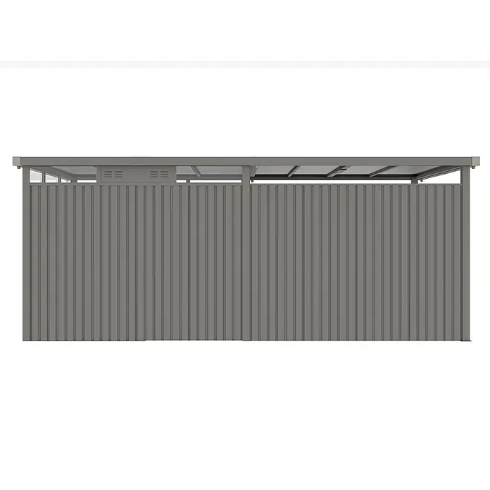 StarLine Metall Gerätehaus Style 7,56 m² Spar-Set-2 Alu Grau - Außenbreite inkl. Dachüberstand: 560 cm, Außentiefe inkl. Dachüberstand: 294 cm, Metall, Aluminium Grau (RAL 9007) - Grauer Wellblech-Geräteschuppen mit transparentem Dach und oberen Lüftungsschlitzen.
