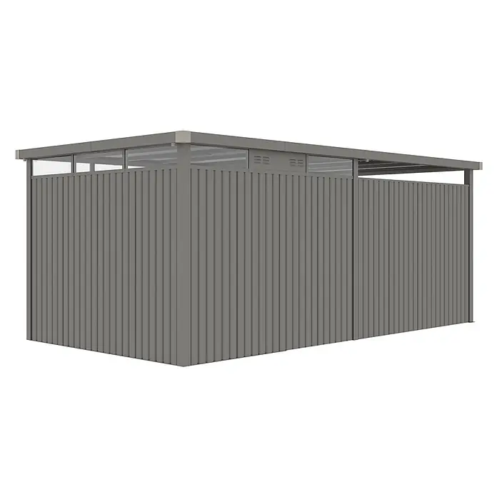 StarLine Metall Gerätehaus Style 7,56 m² Spar-Set-2 Alu Grau - Außenbreite inkl. Dachüberstand: 560 cm, Außentiefe inkl. Dachüberstand: 294 cm, Metall, Aluminium Grau (RAL 9007) - Grauer, lamellierter Outdoor-Lagerschuppen mit Flachdach, transparenten Paneelen und Lüftungsgittern.
