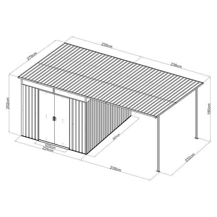 StarLine Metall Gerätehaus Lübeck 12,36 m² - Außenbreite inkl. Dachüberstand: 475 cm, Außentiefe inkl. Dachüberstand: 279 cm, Metall, Anthratit RAL 7016 - Metallgartenhaus mit integriertem Carport zur Lagerung und Unterstand.