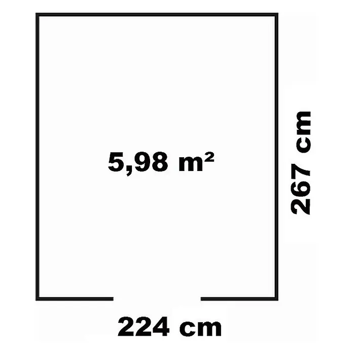 StarLine Metall Gerätehaus Lübeck 12,36 m² - Außenbreite inkl. Dachüberstand: 475 cm, Außentiefe inkl. Dachüberstand: 279 cm, Metall, Anthratit RAL 7016 - Grundriss mit Maßen 224 cm x 267 cm und einer Fläche von 5,98 m².