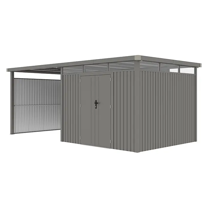 StarLine Metall Gerätehaus Style 7,56 m² Spar-Set-2 Alu Grau - Außenbreite inkl. Dachüberstand: 560 cm, Außentiefe inkl. Dachüberstand: 294 cm, Metall, Aluminium Grau (RAL 9007) - Grauer Metall-Gartenschuppen mit transparenten Dachpaneelen und angebautem offenen Unterstand.