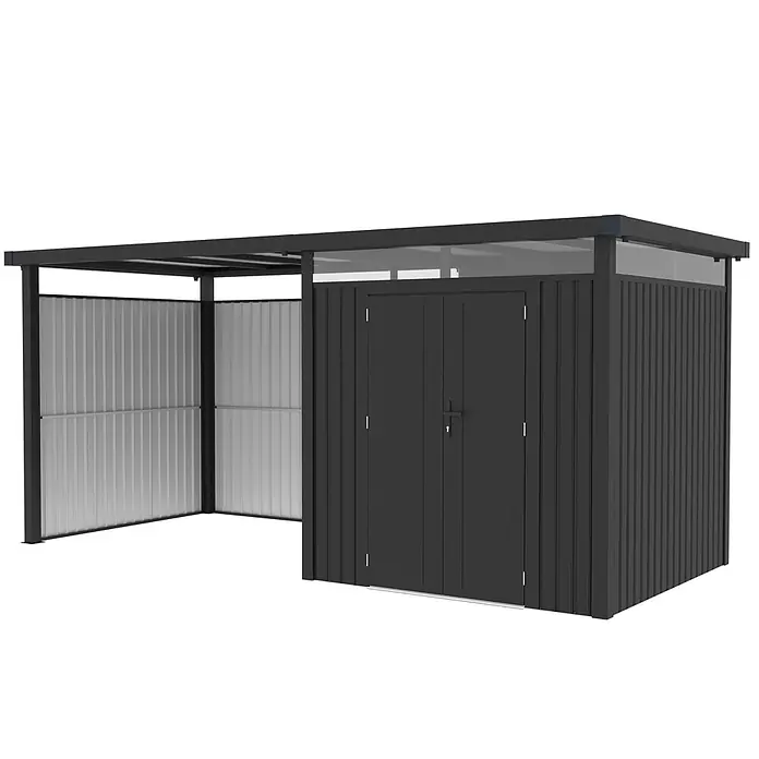 StarLine Metall Gerätehaus Style 4,45 m² Spar-Set 2 Anthrazit - Außenbreite inkl. Dachüberstand: 496 cm, Außentiefe inkl. Dachüberstand: 230 cm, Metall, Anthrazit - Schwarzer Metallschuppen mit Doppeltüren, durchsichtigem Dach und integriertem offenem Anbau.