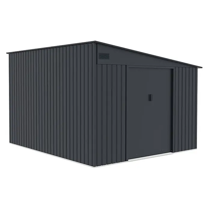 StarLine Metall Gerätehaus Avant 8,96 m² - Außenbreite inkl. Dachüberstand: 279 cm, Außentiefe inkl. Dachüberstand: 321 cm, Metall, Anthrazit - Dunkelgraues Wellblech-Gartenhaus mit Einzeltür und Pultdach.