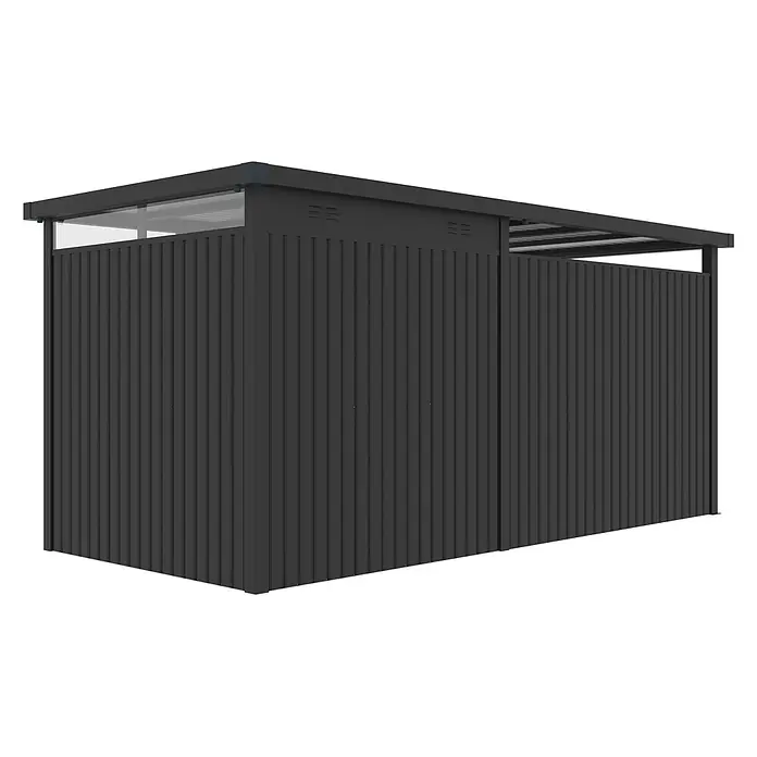 StarLine Metall Gerätehaus Style 4,45 m² Spar-Set 2 Anthrazit - Außenbreite inkl. Dachüberstand: 496 cm, Außentiefe inkl. Dachüberstand: 230 cm, Metall, Anthrazit - Dunkelgrauer Wellblech-Lagerschuppen für draußen mit transparentem oberen Bereich und Lüftungsschlitzen.